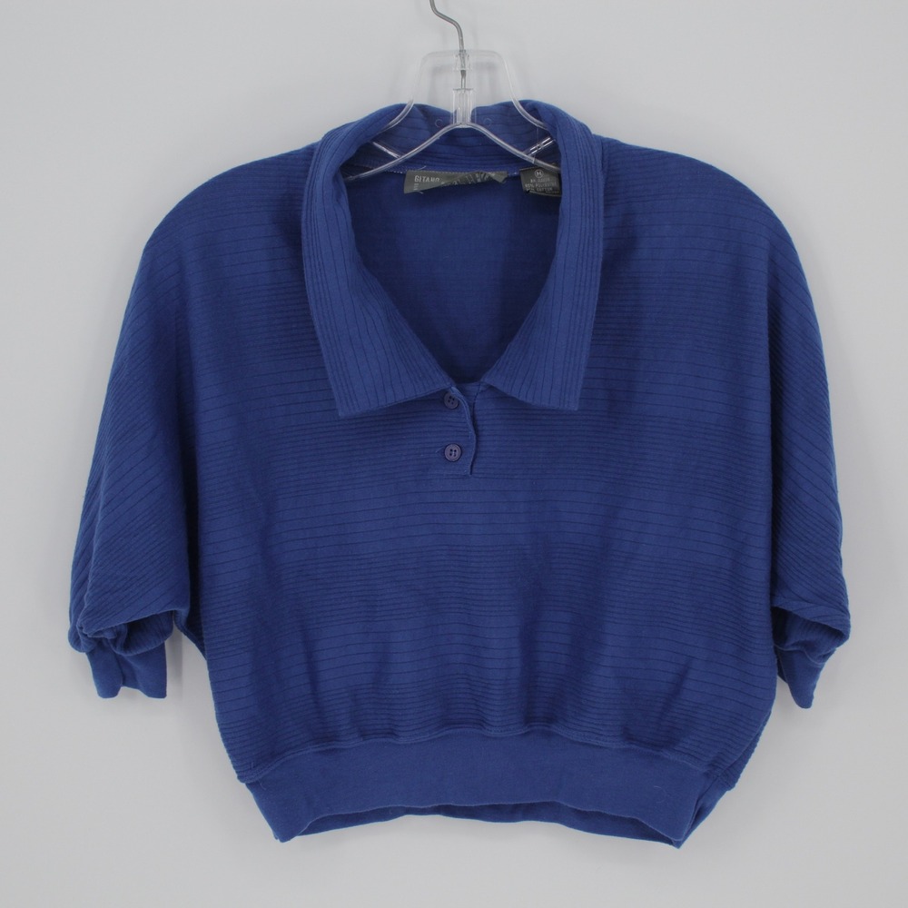 Gitano Express Vintage Women's Blue Ribbed‎ Batwing Polo Sweatshirt Size M